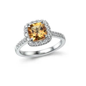 HVITTGULLRING MED CITRINE OG DIAMANTER