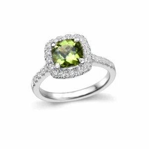 HVITTGULLRING MED PERIDOTT OG DIAMANTER