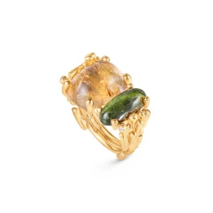 OLE LYNGGAARD RING BOHO DOBBEL RUTILKVARTS OG TURMALIN