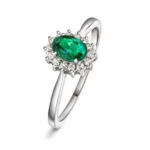 RING HVITGULL ROSETT MED SMARAGD OG DIAMANTER