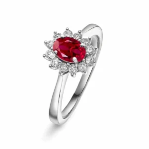 RING HVITGULL ROSETT MED RUBIN OG DIAMANTER
